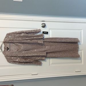 SLNY Sequined Lace Sheath Dress With Jacket champagne size 10